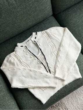 Mango Cream Knit Cardigan with Black Contrast Trim